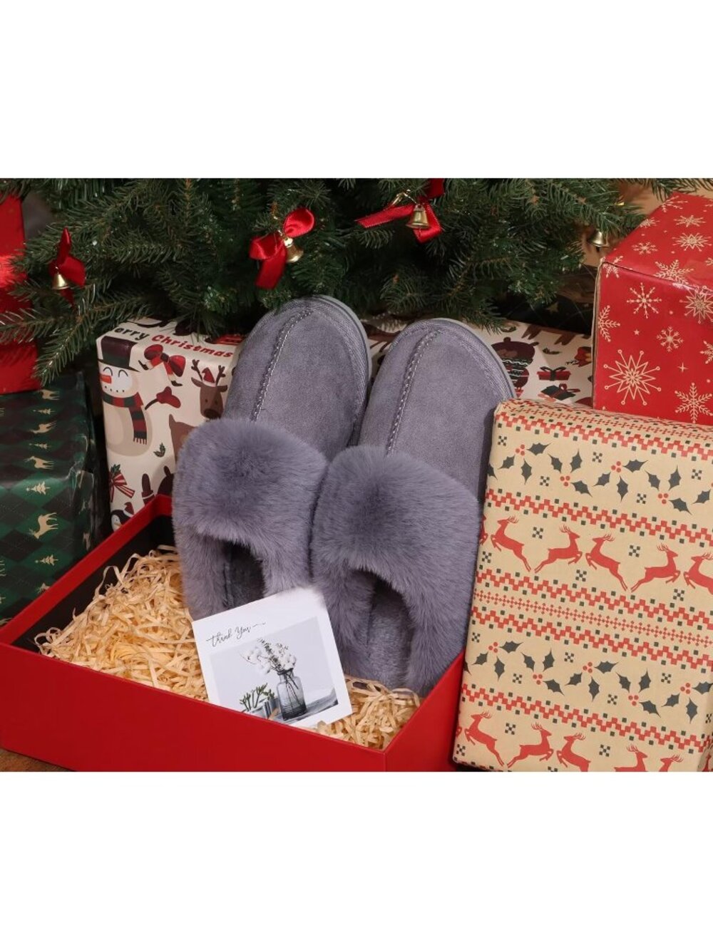 Womens Dark Grey Cozy Memory Comfy Winter Scuff Indoor Outdoor Rubber Hard Sole - Picture 3 of 6